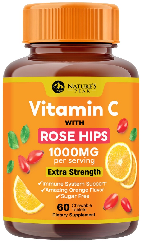 Vitamina C 1000 mg Suplimentul masticabil - Extra Putere Suport imun Vitamina C Supliment alimentar cu Rose Hips, Suport Antioxidant Vitamina C naturale, Vegan, Orange Aroma - 60 comprimate
