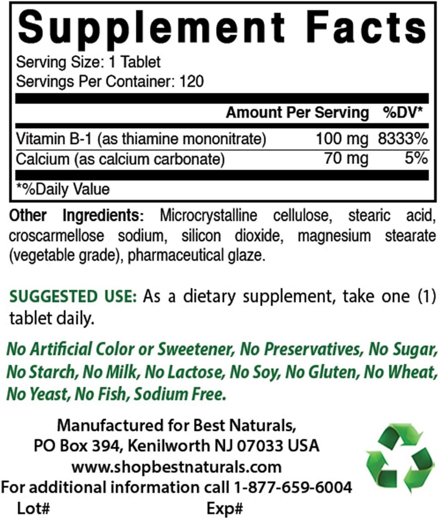 Cele mai bune naturale Vitamina B1 ca Tiamină Mononitrat 100 mg & Vitamina B-6 25 Mg