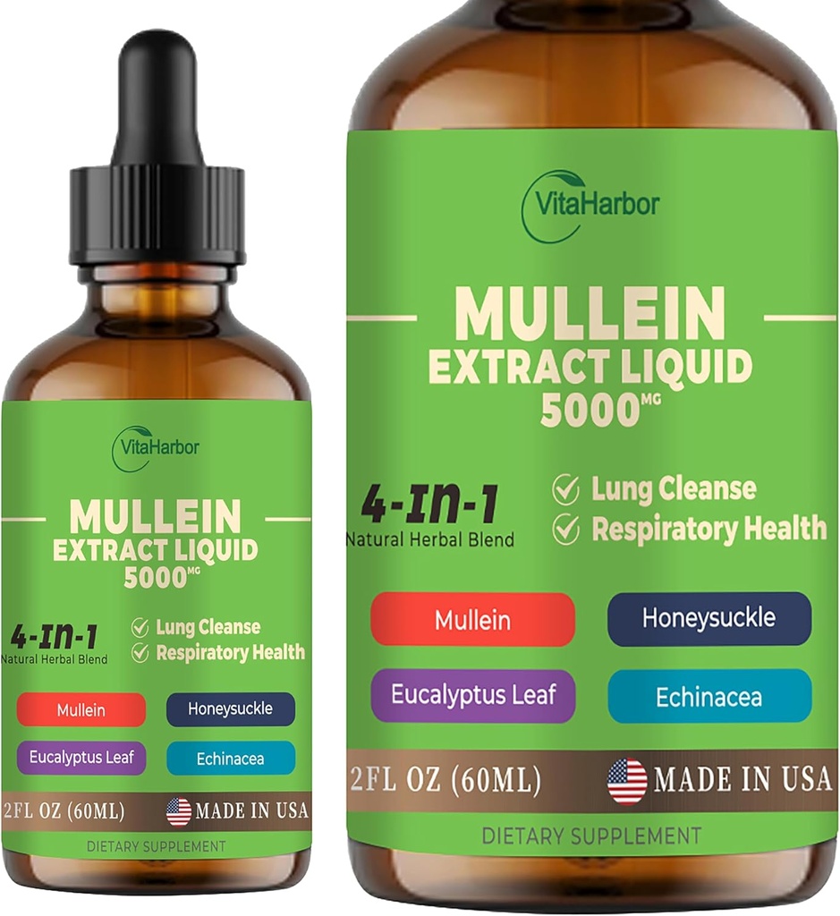4-in-1 Mullein picături pentru plămâni, Organic Mullein Leaf & Honeysuckle & Eucalyptus Leaf & Echinacea extracts, for Lung Cleanse, Immune & Respiratory Support, Sugar-Free 