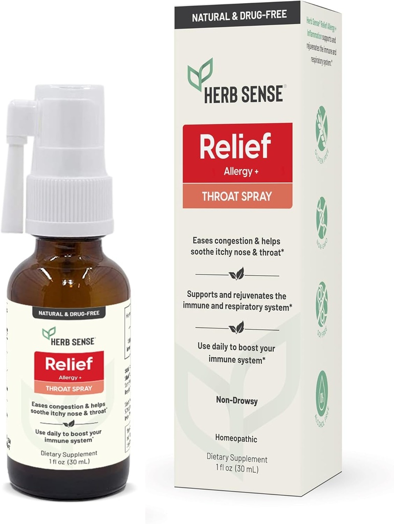 Herb Sense Alergy Relief, Gât Spray, Răcire & Soothing, Zilnic Support, Drug-Free, Natural, Immune Support, 1 oz, Gluten-Free, Non-GMO