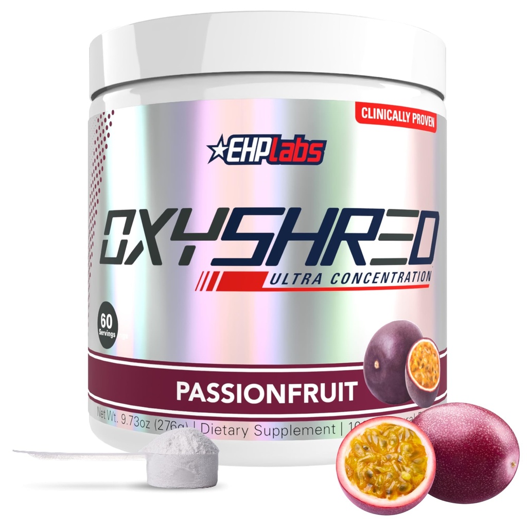 EHP Labs OxyShred Pre Pudră de antrenament și supliment de shredding - Preworkout pulbere cu L Glutamina și acetil L Carnitina, Energetic Boost Drink - Passionfruit, 60 Servings
