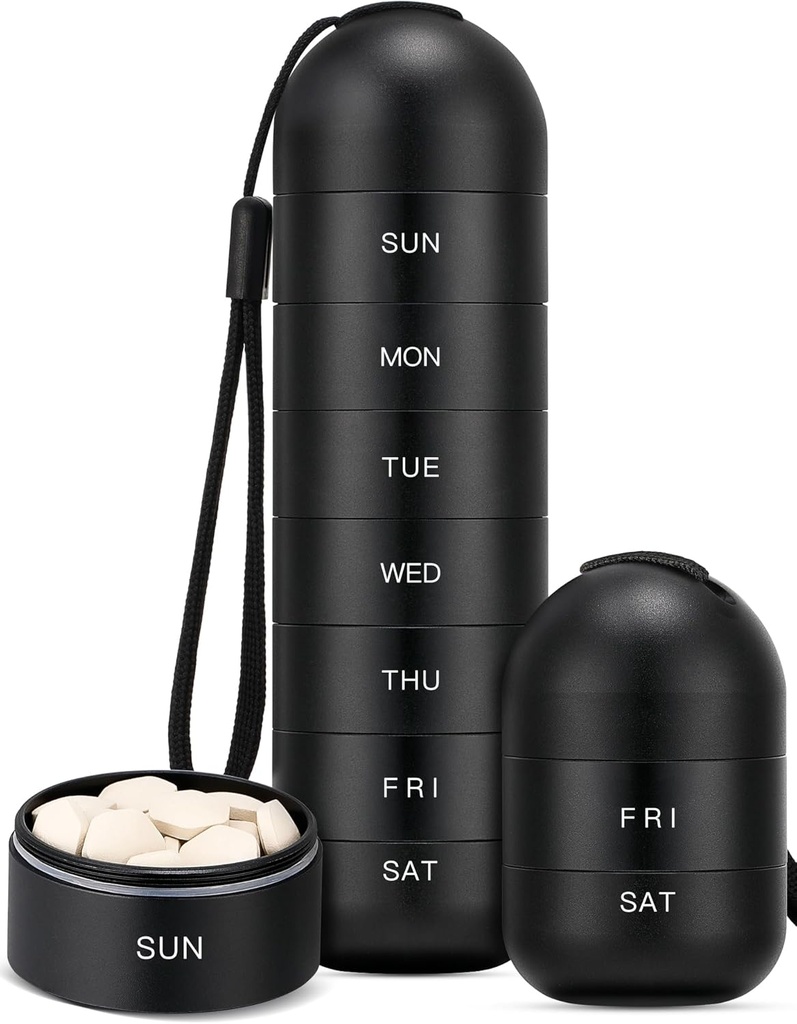 Zannaki Upgrade Large Metal Travel Organizator de pastile, rezistent la apa Cutia de pastile Săptămânal, Portable Aluminum Aliate Pilula Container, BPA gratuit 7 zile Daily Medicine Organizator titular de vitamine, pastile, Supplement