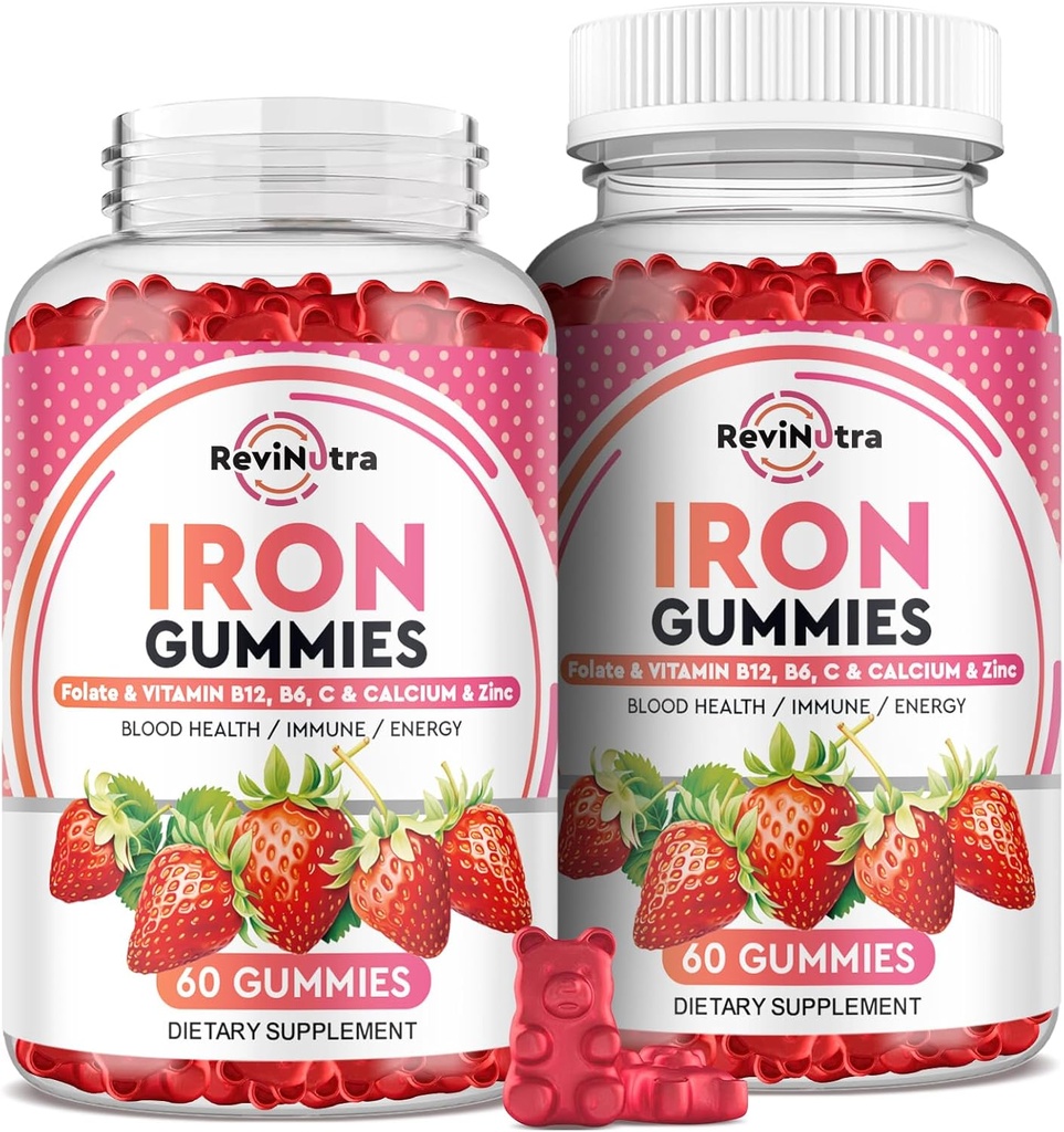 Gume de fier - cu calciu, zinc, Folate & vitamina B12, C, B6 pentru adulți și copii - Blood Builder & Energy Support pentru deficit de fier, anemie, Vegan - 2 Pack Aromă de căpșuni,60 Gummies