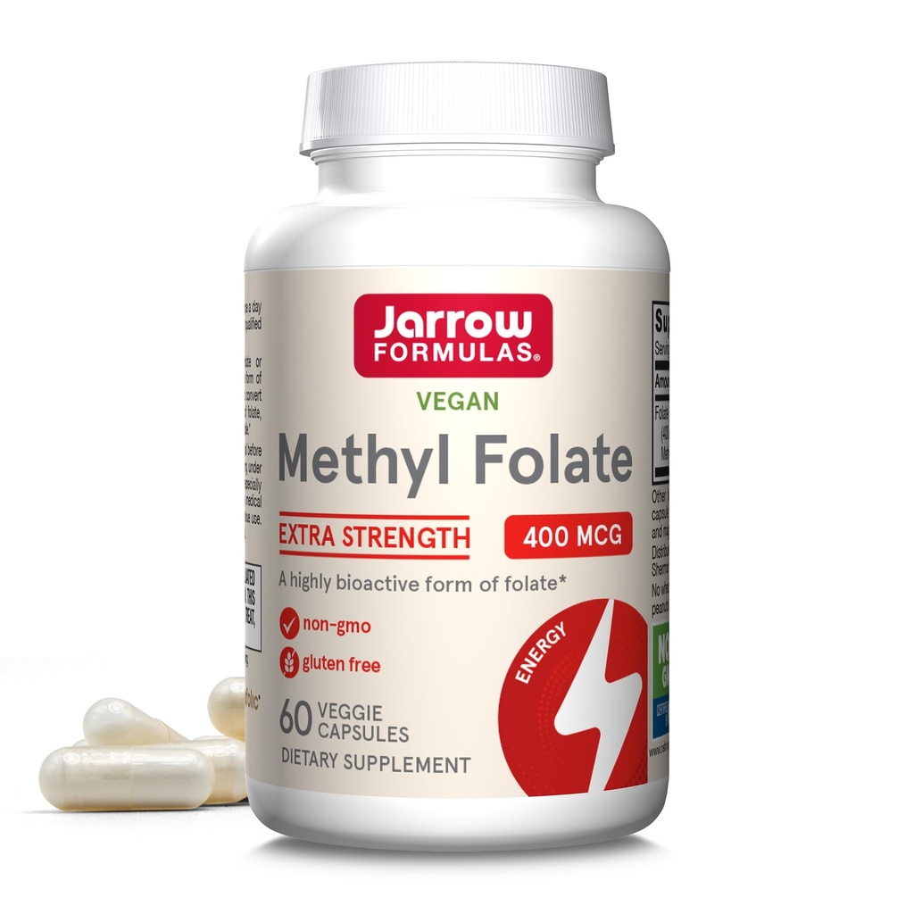 Jarrow Formulas Extra Formulă Metil Folate 400 mcg, Supliment alimentar pentru suport cardiovascular şi neurologic de sănătate, 60 Capsule Veggie, 60 zile de aprovizionare