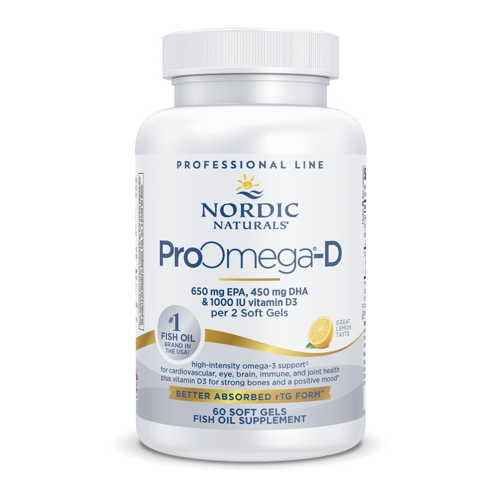 Nordic Naturals ProOmega-D, Aromă de lămâie - 60 Geluri moi - 1280 mg Omega-3 + 1000 UI D3 - Ulei de pește de înaltă calitate - EPA & DHA - Brain, Eye, Heart, & Immune Health - Non-GMO - 30 Servings