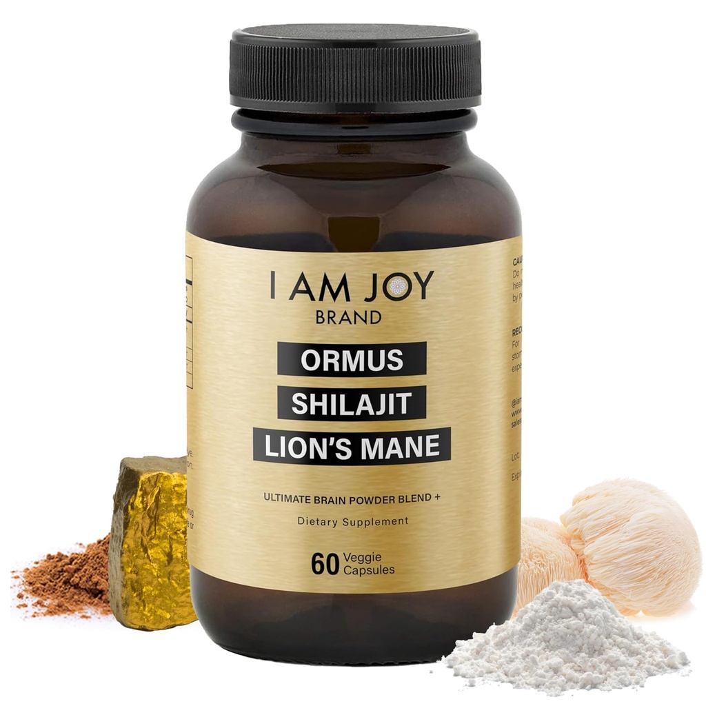 Eu sunt Joy co. Ormus Shilajit Lion's Mane - Ultimate Brain Power! Monoatomic 24k aur - Singurul amestec de natură pentru energie, memorie, & Focus - 60 Vegan capsule