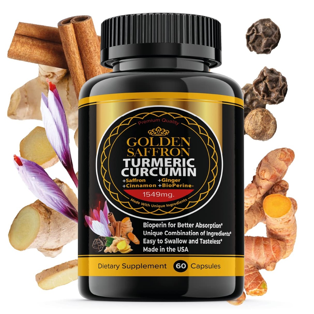 GOLDEN SAFFRON Curcumin Turmeric Supliment cu Bioperine, Saffron, Scorțișoară, și ghimbir - Potență mare, non-GMO, Gluten-gratuit Supliment pentru o mai bună eficacitate. Made in USA