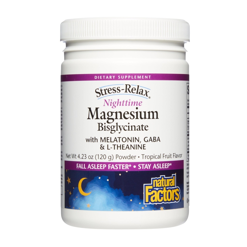 Factori naturali Stress-Relaxează Bisglicinat de magneziu pe timp de noapte - Sprijină somnul și relaxarea* - cu Melatonină, L-Theanină & GABA - Aroma tropicală - 4.23 oz