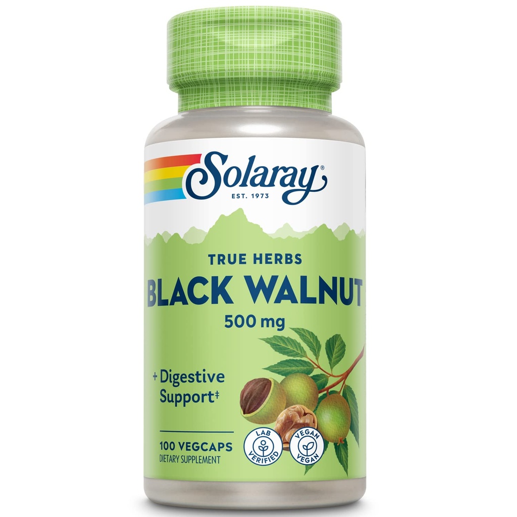 SOLARAY Black Walnut 500 mg - Whole Hull - Tradiţional Herbal Support Formula - non-GMO Verified, Vegan, Lab Verified - 60-Day Guarantee - 100 Servings, 100 VegCaps