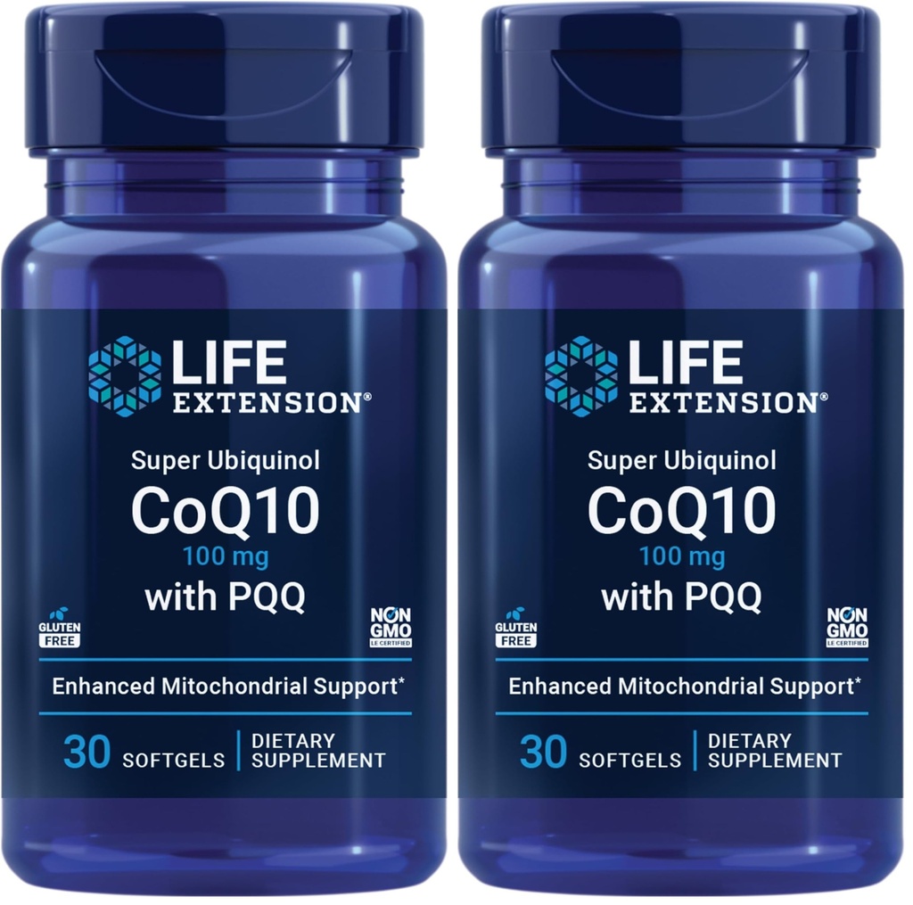 Life Extensie Super Ubichinol CoQ10 cu PQQ, CoQ10, PQQ, shilaj, Heart Health, Cellular Energy Support, 8X O mai bună absorbție, Gluten-Free, 100 mg, 30 softgels (Pachet de 2)