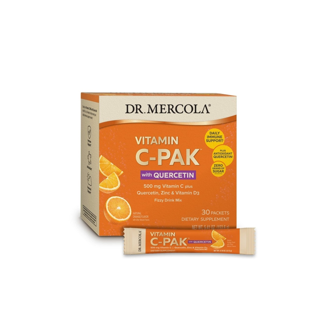 Dr. Mercola Vitamina C-PAK cu Quercetin - Daily Immune Support Drink - Zilnic Zinc & Vitamina D3 Blend - Gluten-Free - Efervescent Orange Flavor - 30 Pachete
