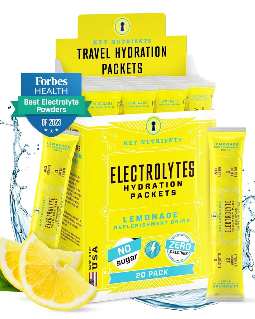 Nutrients Electroliţi Pachete cu pulbere - Free Limonada 20 Pachete pentru Hidratare - Praful pentru hidratarea călătoriilor - Fără zahăr, fără calorii, Gluten Free - Made in USA
