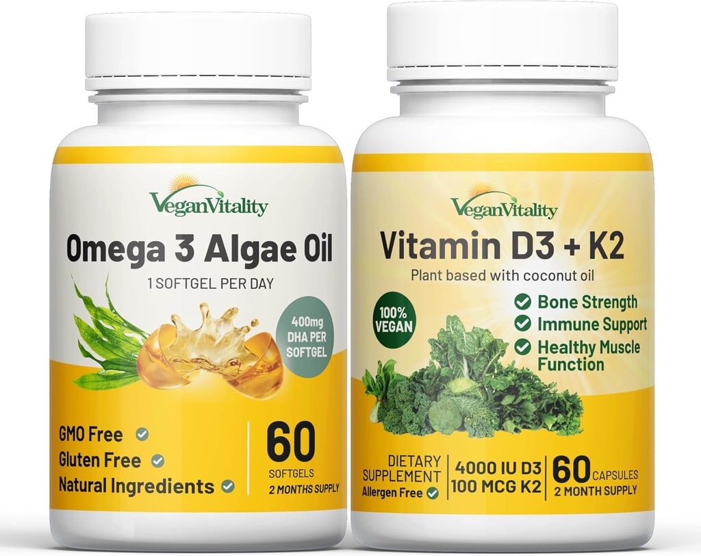 Vegan Vitality Health Booster Bundle - Vegan D3+K2 și Vegan Omega 3 Ulei de alge. Formulă de înaltă rezistență pe bază de plante pentru imunitate, energie Sănătate generală pentru Vegas și vegetarieni