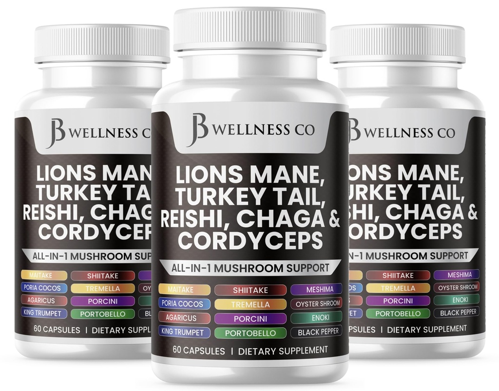 Lions Mane Supliment Cognitive Supplement, Immune Health with Turkey Tail 20in1 Mushroom Reishi Cordyceps Chaga with Marshmallow Root -180 Count