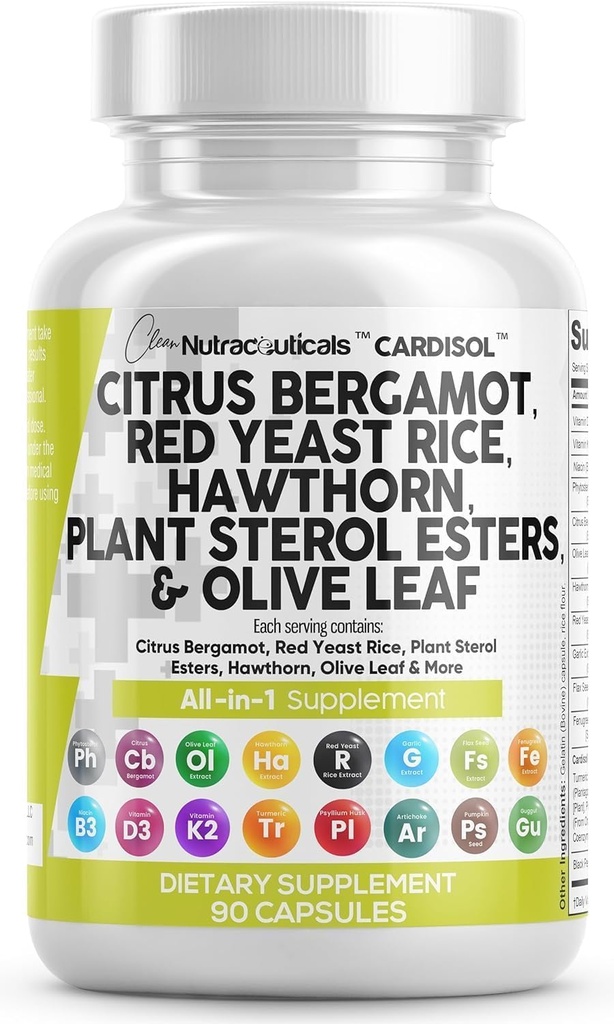 Clean Nutraceuticals Citrus Bergamot Red Dreaptă Capsule de orez cu plante Sterols - cu Hawthorn extract de măsline Niacin vitamina K3 D3 COQ10 Guggul & More