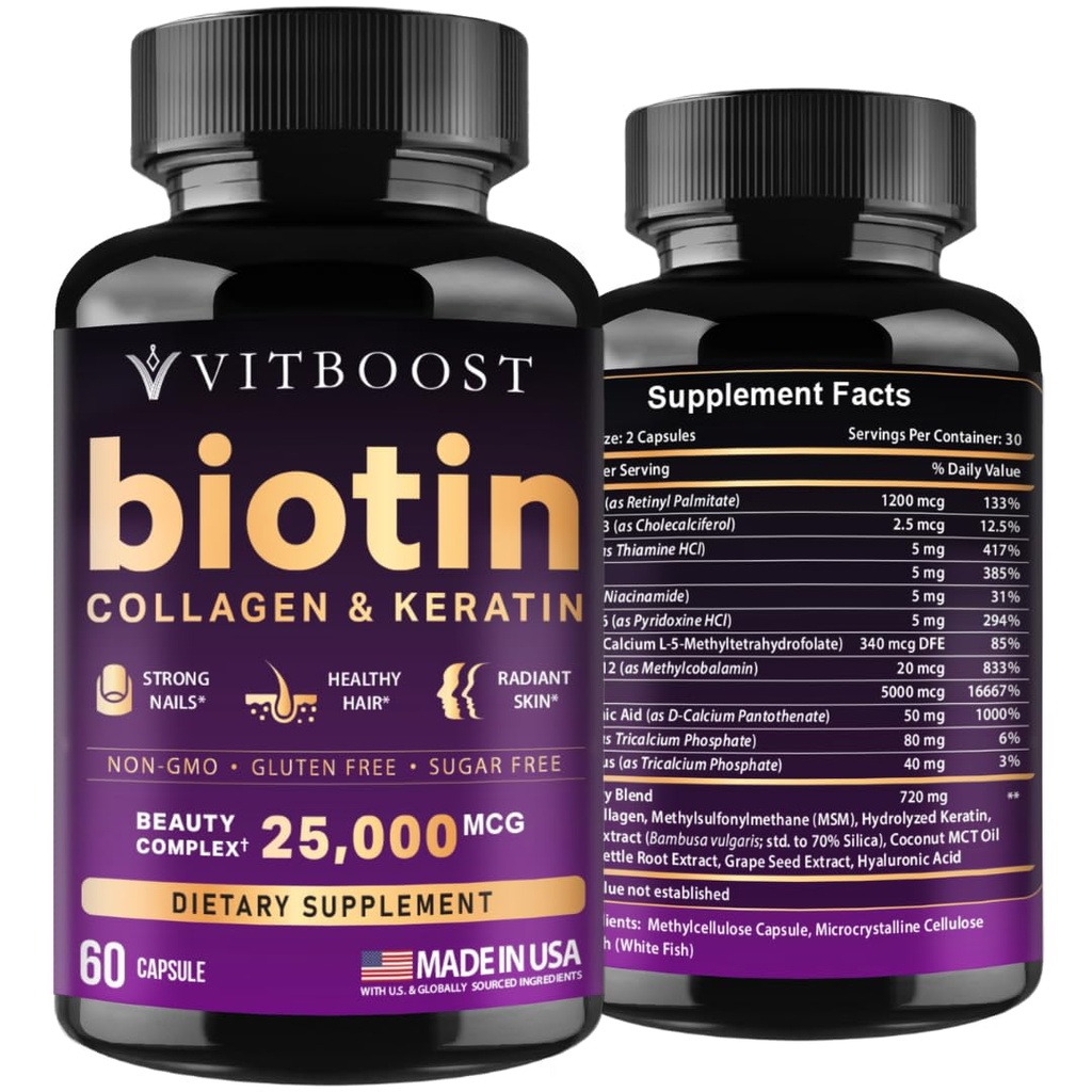 VITBOOST Biotin cu acid hialuronic, colagen și keratină 