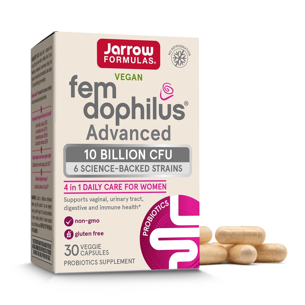Jarrow Formulas Fem-Dophilus Advanced Vaginal & Digestive Probiotices 10 Miliarde CFU cu 6 Stiinte Sustinute Strine, pentru Vaginal, Tract urinar, Digestive & Immune Support, 30 Capsule, Perioada de valabilitate