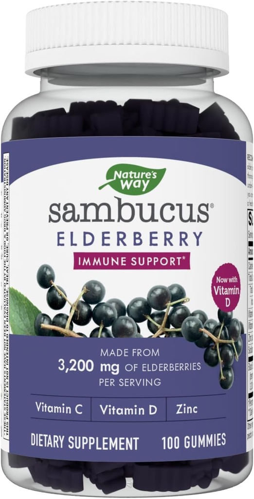Natura's Way Sambucus Elderberry Gummies - Immune Supplement Supplement for Kids & Adulți* - With Vitamins C, D3, Zinc & Antioxidant Support* - Gluten Free & Vegetarian - 100 Gummies
