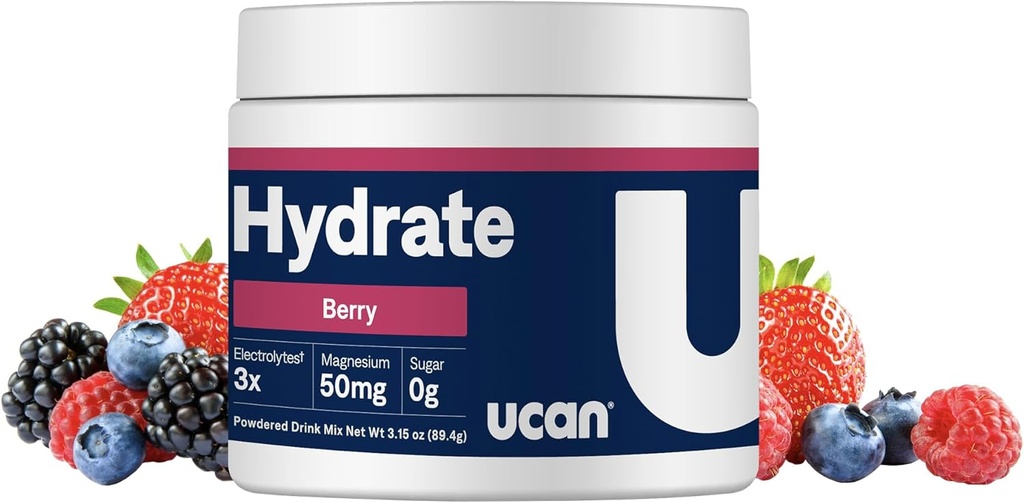 UCAN hydrate Electrolyte Drink Mix (Berry, 30 Servings) Sugar-Free, Keto-Friendly, Vegan, Non-GMO, Gluten-Free Electrolit Powder cu Potasiu & Magneziu pentru alergători și sportivi