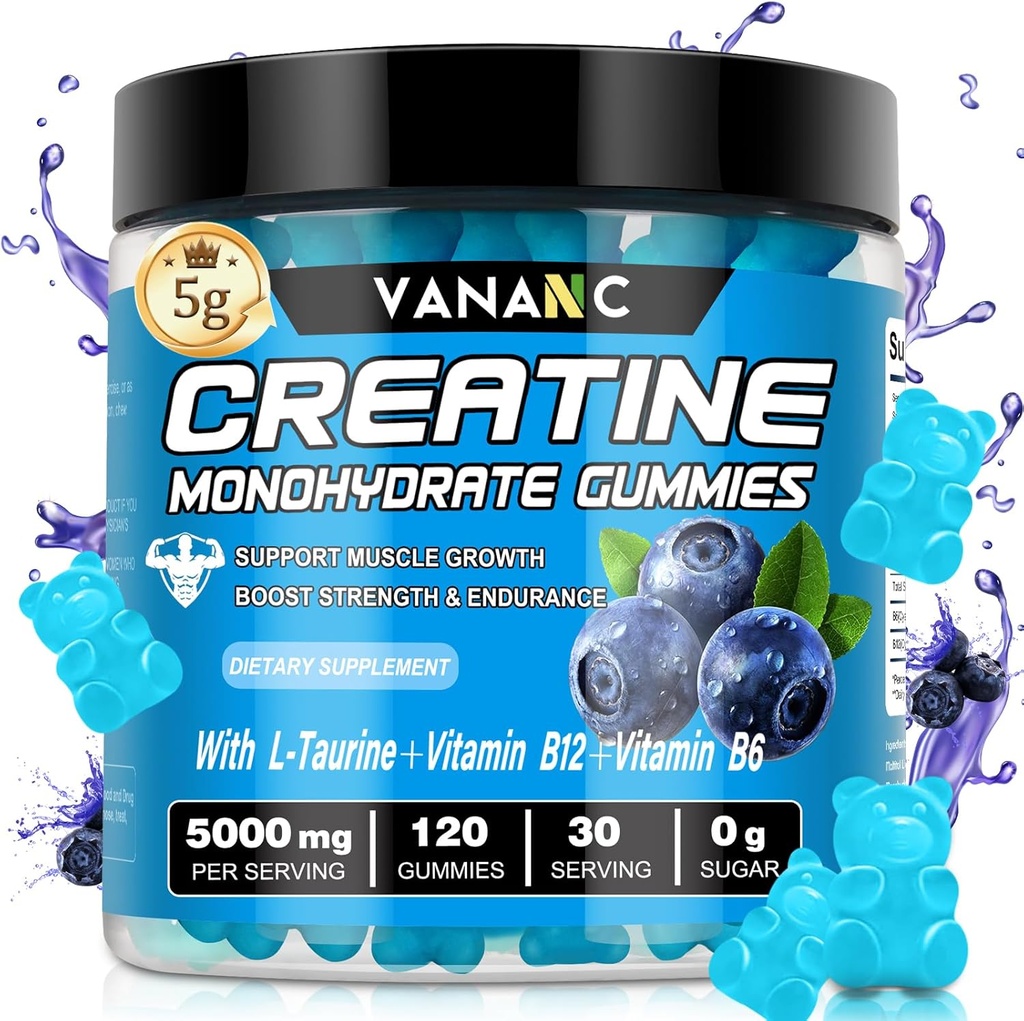 Creatin Monohidrat Gumries 5000 mg pentru bărbaţi şi femei, zahăr fără, scăzut în calorii, cu L-Taurină + vitamine pentru creşterea forţei musculare