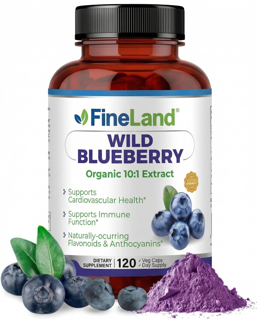 FineLand Wild Blueberry 10:1 Extract, 6.000 mg Putere, 120 capsule Vegane, bogat în Flavonoids & Anthocianins, suport antioxidant pentru creier & Heart Health, 4-Month Supply, Non-GMO Made in USA