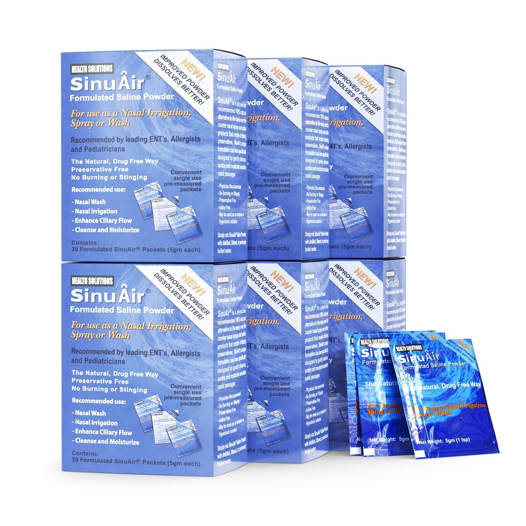 SinuAir Sinus Clătiți soluție de sare - pulbere salină pentru sistemul Sinupuls, Neti Pot Flush, Nasal Wash Squeeze Bottle, & Irigație nas, formare îmbunătățită și curățare pentru sinușe, 180 Pachete