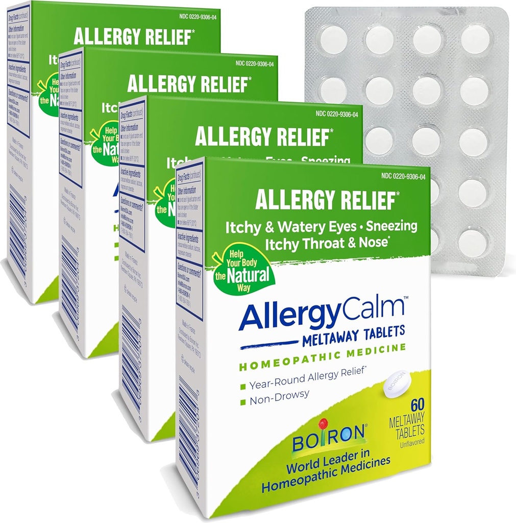 Boiron AllergyCalm Tablets 240 Count, Relief from Allergies and Hay Fever Simptome de strănut, Runny Nose, Itchy Eyes, Throat, Alergie Calm Tabs (Formally RhinAllergy) (Pachet de 4 60ct Boxe)