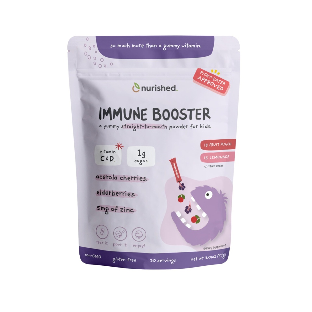 Copii Immune Booster cu Elderberry, Acerola Cherry, Zinc, Vitamine C & D - Drept-la-gura pulbere - 30 Serviri - 2 arome