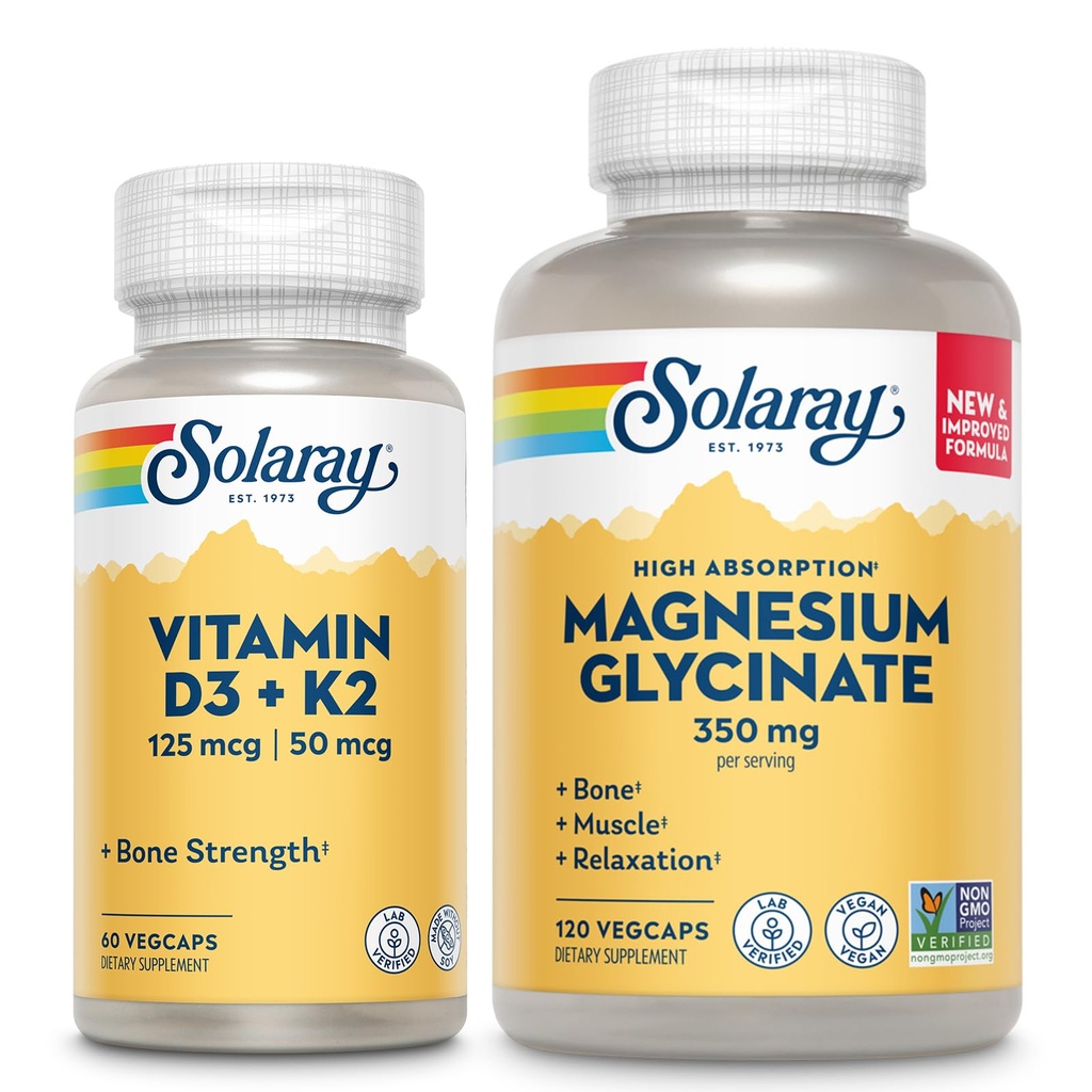 SOLARAY Vitamina D3 K2 şi glicinat de magneziu - Bone Health Bundle - Absorbţie de calciu, nervi, inimă şi suport imun w/ 5000 UI vitamina D, 350 mg Magneziu Chelated, 60- Day Guarantee, 60ct/ 120ct