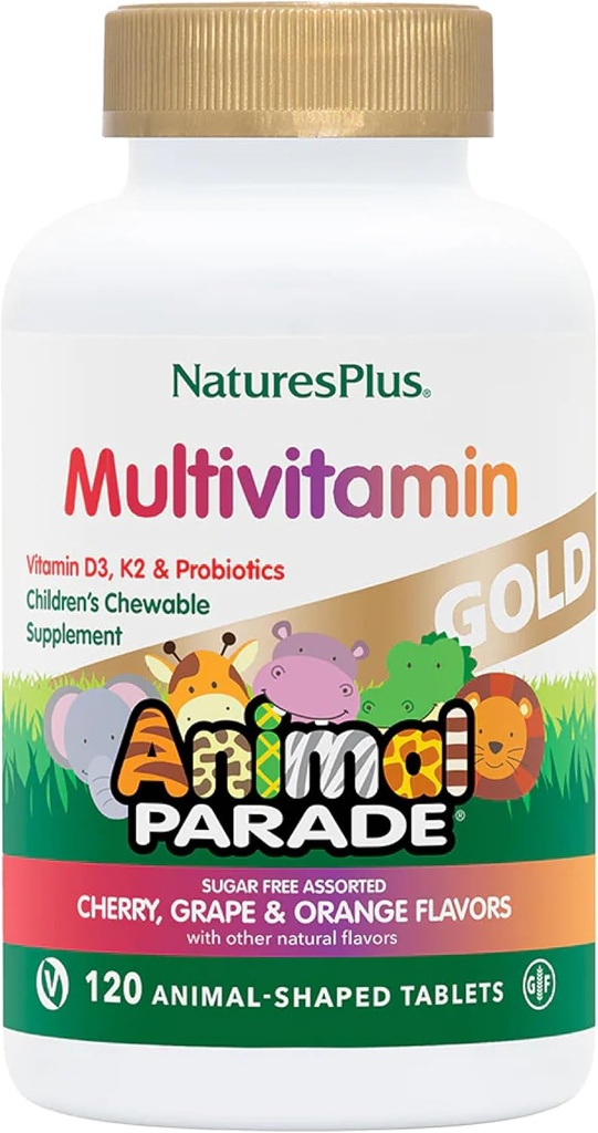 NaturasPlus Parade animale de aur pentru copii Multivitamine - Cherry asortate, Orange & Aroma de struguri - 120 comprimate masticabile, Pachet de 3 - Vegan, Gluten gratuit - 180 Serviri totale
