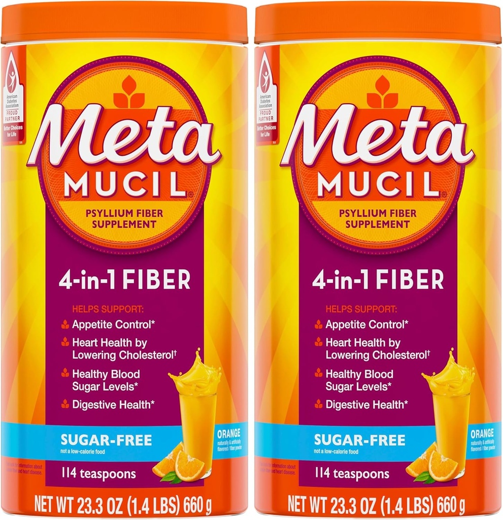 Metamucil, Daily Psyllium Husk Powder Supplement, Sugar-Free Powder, 4-in-1 Fibră pentru Digestive Health, Orange Flavored Drink, 114 lingurițe, 1.4 Pound (Pachet de 2)