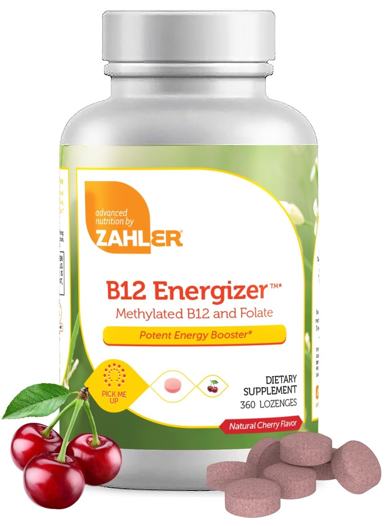 Zahler Energizer - Folat si B12 Supliment - Dispersie rapida Aroma de cirese Lozenges Dual Vitamine Methylated B12 & Folate Supplement with 1360 mcg Acid folic (360 Count)