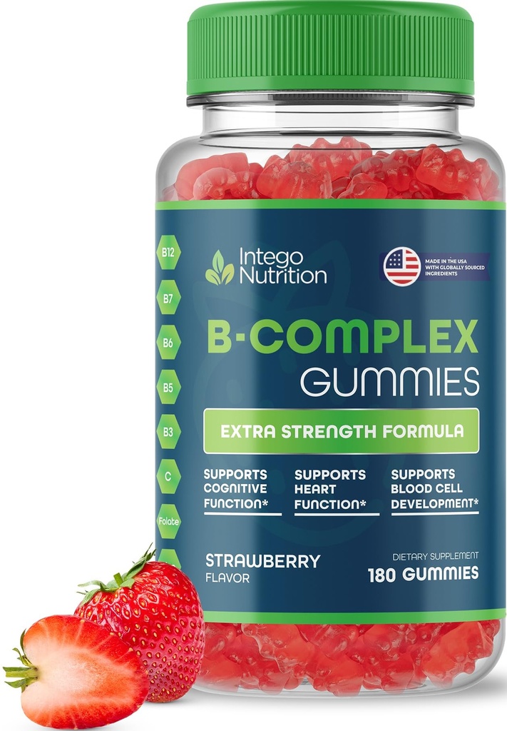 Vitamina B Complex Gummies pentru adulți, B Complex de vitamine Supliment pentru femei și bărbați, B Vitamine Complex Gumies pentru energie și sănătate cerebrală, Aroma naturală de căpșuni, 180 Conte