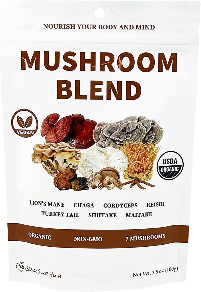 Cherie Sweet Heart 7 Mushroom Extract Powder – USDA Organic Superfood Blend with Lion's Mane, Reishi, Cordyceps, Maitake, Shiitake, Turkey Tail & Chaga – Vegan, Non-GMO, Gluten-Free – 3.5 oz