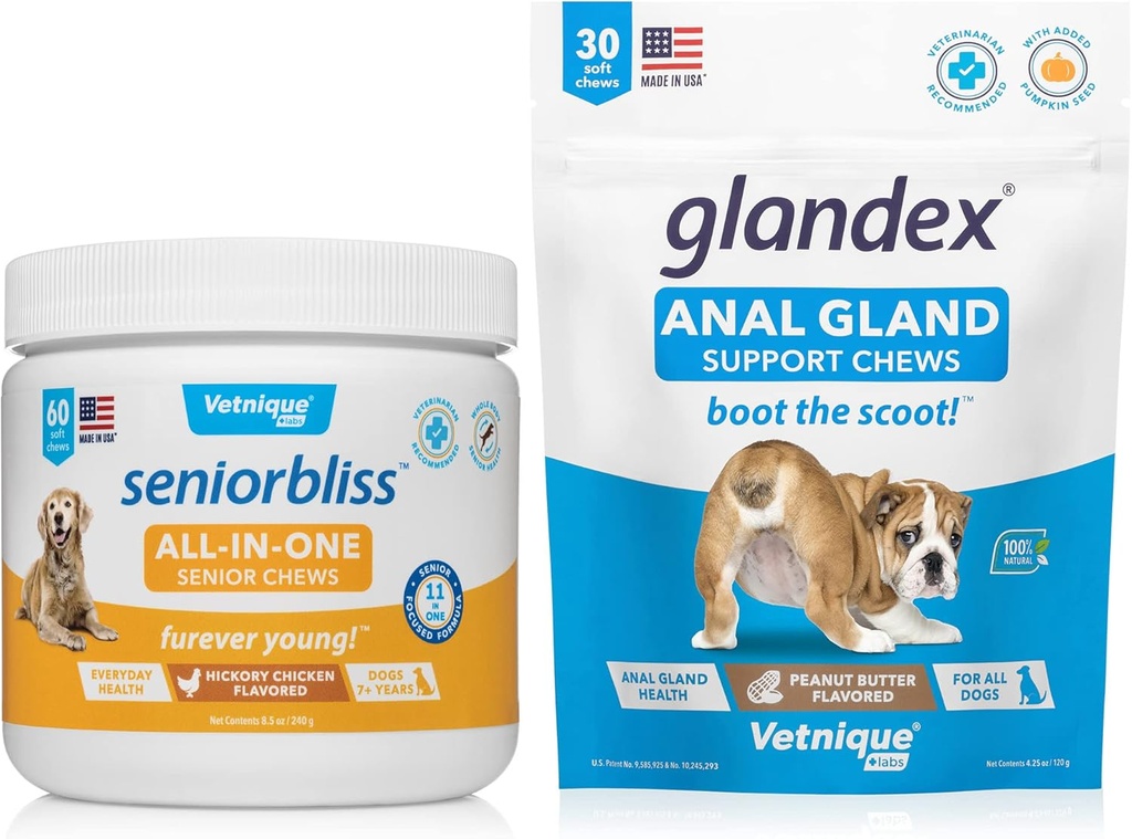 Vetnique Seniorbliss All-in-One Multivitamine Chews pentru câini în vârstă (60ct) & Glandex Anal Gland Support Unt de arahide Soft Chews pentru câini (30ct) Bundle