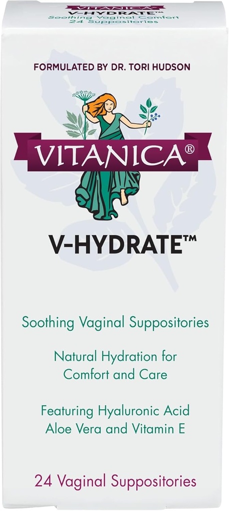 Vitanica V-Hydrate, acid hialuronic Sacrificii vaginale pentru confort și hidratare vaginală cu Aloe Vera și vitamina E, Hormone-Free & Drug-Free, Vegan, 2 Luna de aprovizionare, 24 Conte