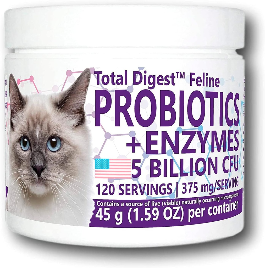 Total DigestTM Feline Probiotice și enzime, All-Natural Digestive System Dietery Supplement Formula pentru pisici (120 Servings)