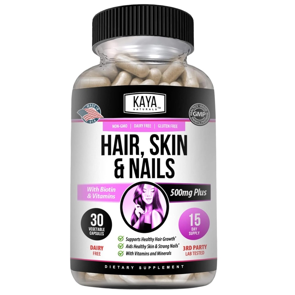 Kaya Naturals Piele de par Capsule unghii cu Biotin - vitamine pentru par si piele, Vitamina D Vitamina B-12 Un suport acid folic, Suport pentru par Suplimentul de vitamine pentru unghii piele par - 30 Numar de capsule