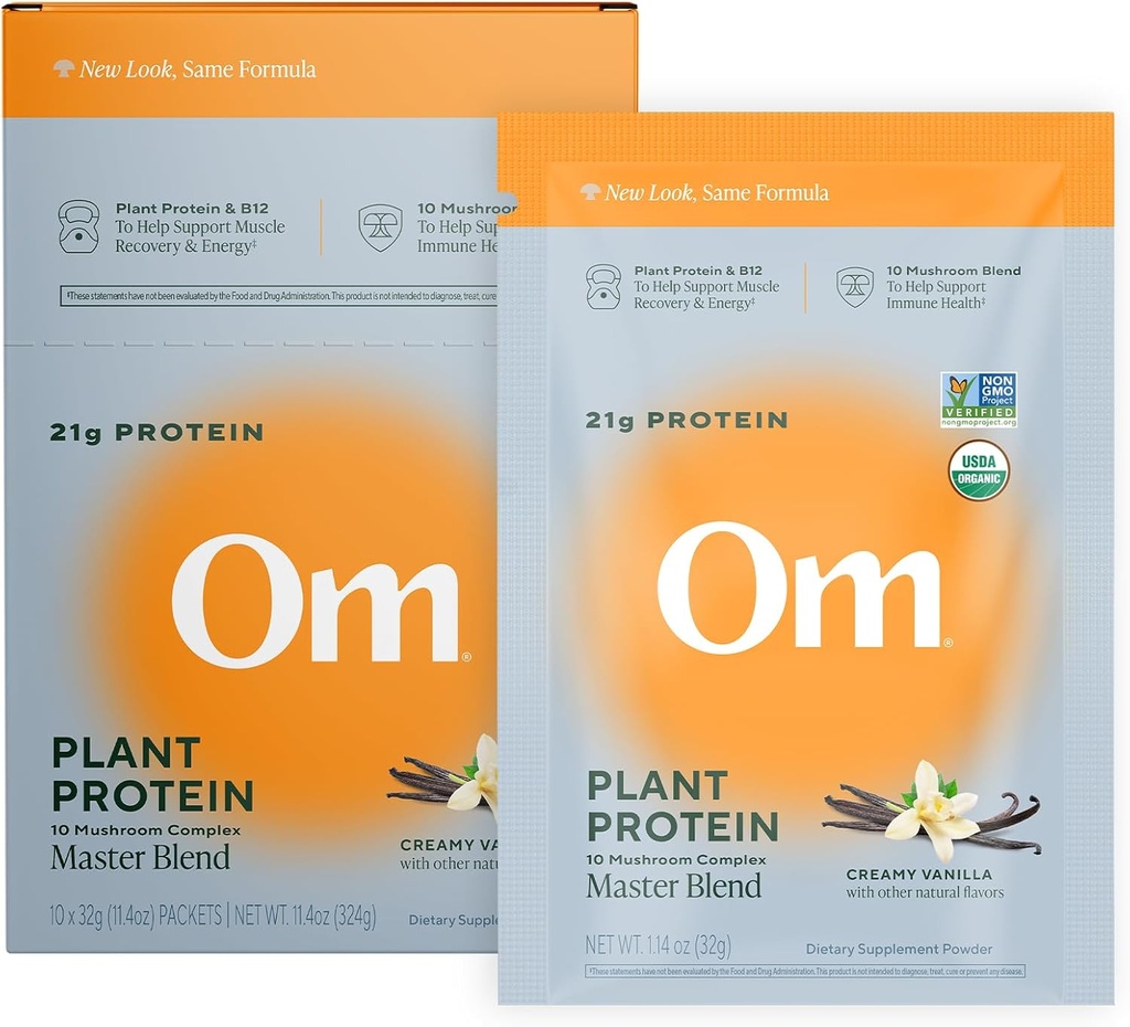 Om Master Blend pudra de proteine Vegan, vanilie, 21g de proteine vegetale - Organic Mushroom Supliment cu 10 Complex de ciuperci, Ashwagandha, BCAAs și vitamina B12 - Single Serve (10 Conte)