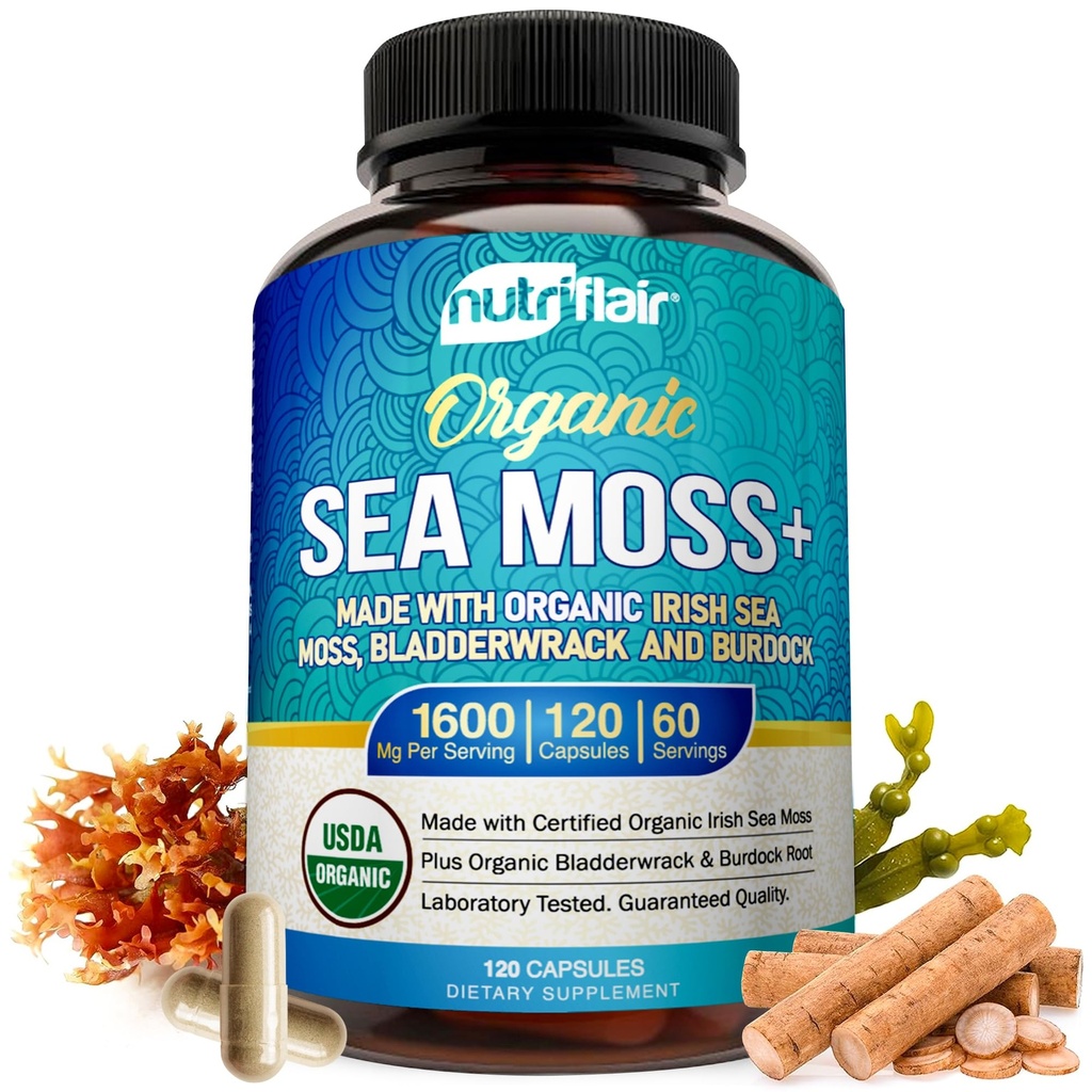 NutriFlair Organic Sea Moss 1600mg, 120 capsule Plus Bladderwrack & Bredock - Prebiotic Super Food - Sistemul imunitar și Digestive Health - Tiroida, Sanatate Skin, Keto Detox, Gut