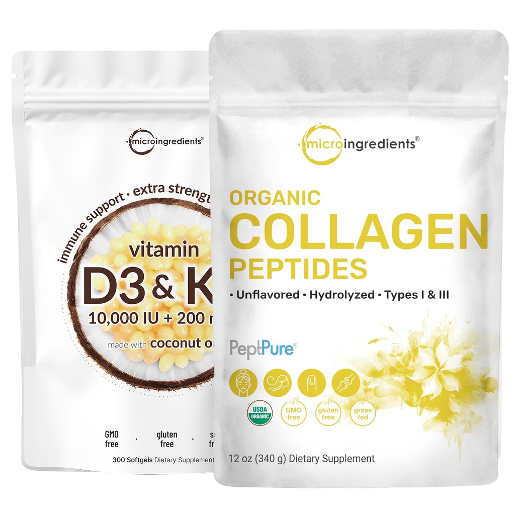 Micro Ingrediente Vitamina D3 10000 ui + K2 200 mcg Ulei de nucă de cocos Softgels & Organic Colagen Peptides pulbere Bundle 2 Pack 
