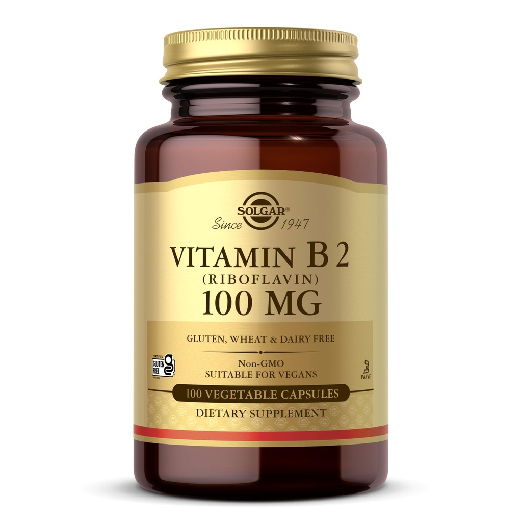 Solgar Vitamina B2 (Riboflavină) 100 mg, 100 Capsule vegetale - Metabolism energetic, Sistem nervos sănătos - Non-GMO, Vegan, Gluten gratuit, lactate, Kosher - 100 Serviri