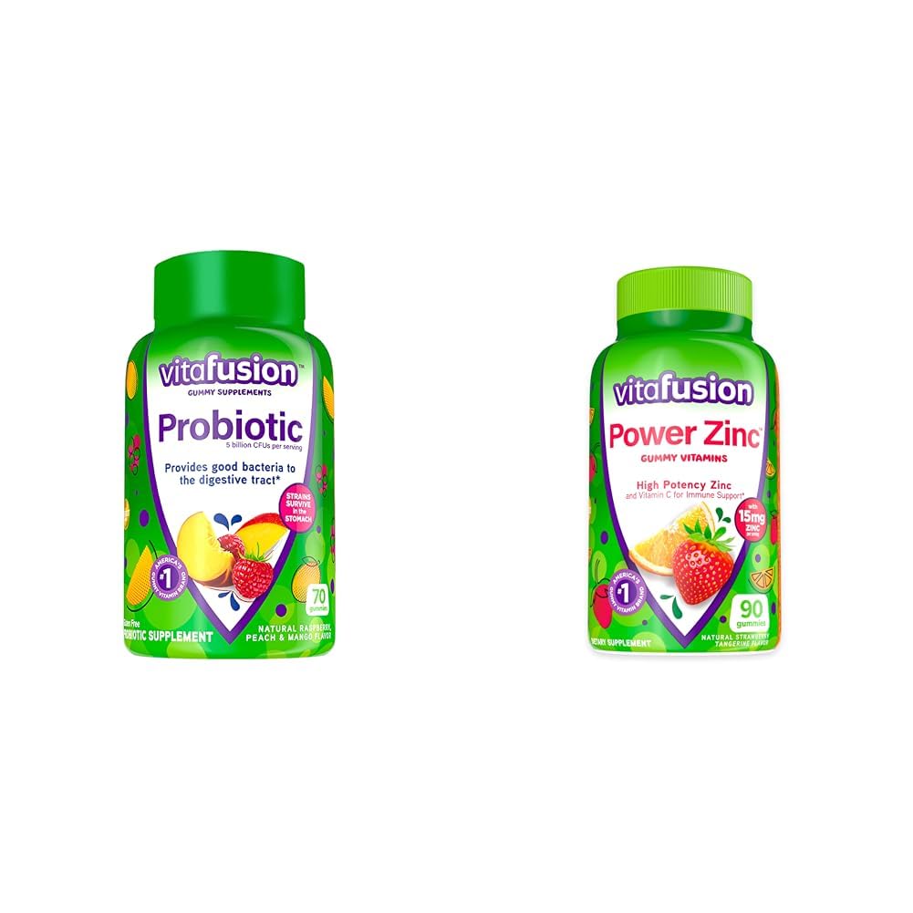 Vitafusion Supplements Probiotic Gummy, Raspberry, Peach and Mango Aroma, 35 Day Supply, 70 Count Power Zinc Gummy Vitamine, Strawberry Tangerine Aroma, 90 Conte