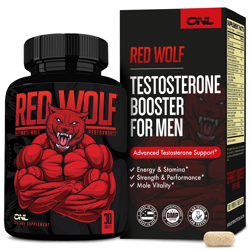 ONL Red Wolf Testosteron Booster pentru bărbaţi - Ultimate Men's Supplement for High Potency Endurance, Energy & Force - Testosteron Supplement for Men - w/Tongkat Ali Male Enhancement - 30 Ct
