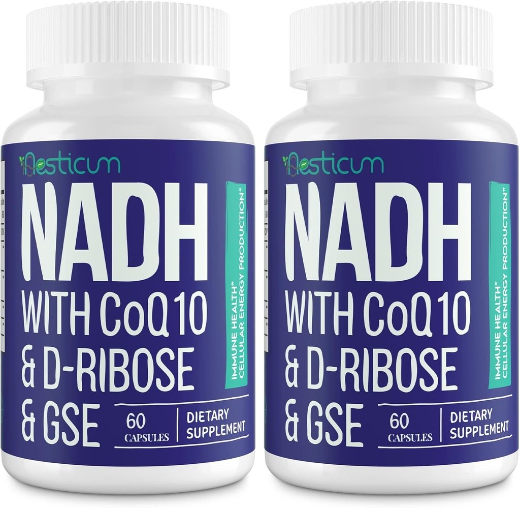 NADH 50mg + CoQ10 200mg + D-Ribose 150mg Supliment, stimularea NAD + Suplimente pentru sistemul imunitar, energie celulară, focalizare, reducerea nicotinamidei Adenina Dinucleotidă, 120 Capsule vegetale
