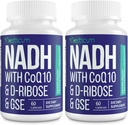 NADH 50mg + CoQ10 200mg + D-Ribose 150mg Supliment, stimularea NAD + Suplimente pentru sistemul imunitar, energie celulară, focalizare, reducerea nicotinamidei Adenina Dinucleotidă, 120 Capsule vegetale