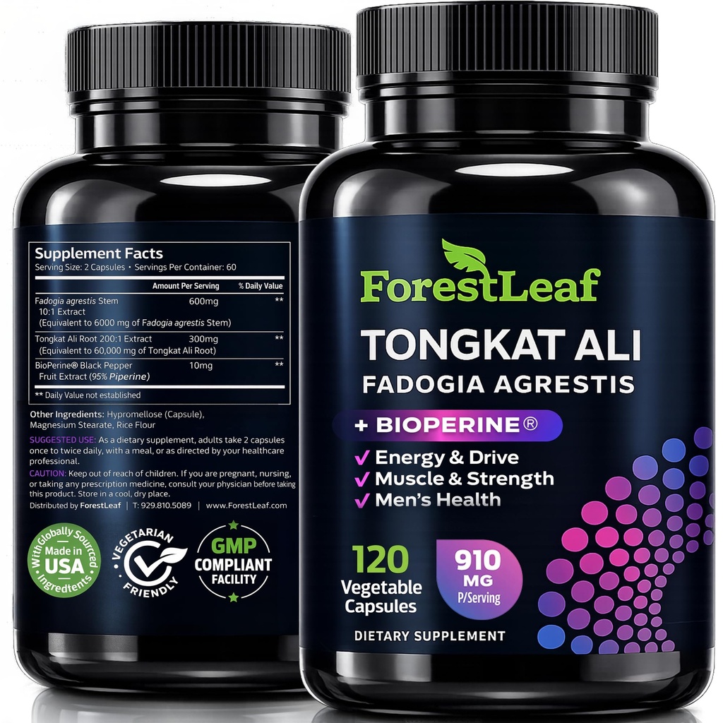 Tongkat Ali și Fadogia Agrestis pentru bărbați Supliment w/BioPerine - Tonkat-Ali Max Putere 200:1 Extract - Long Jack Tongkat-ali pentru bărbați - creștere musculară, performanță și energie - 120 capsule pulbere