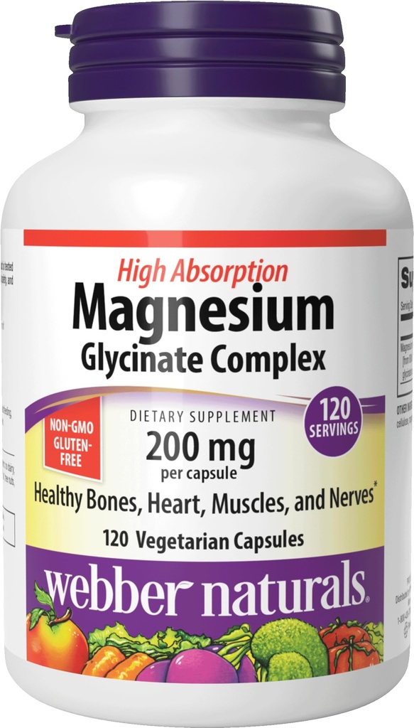 Webber Naturals Magneziu Glicinat Complex 200 mg, 120 Capsule vegetariene, Formula de înaltă absorbţie, Suporturi Oase, Inimă, Muşchi & Nervi, One-per-Day, Vegan, Noua Label!
