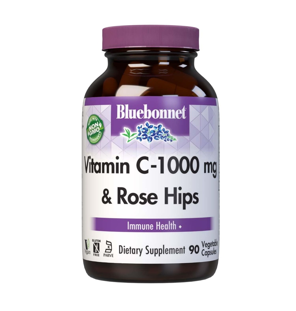 Bluebonnet Nutritie Vitamina C-1000 mg Plus Rose Hips Capules legume, pentru sănătate imună, pentru protecție antioxidantă, Soy gratuit, Gluten gratuit, non-GMO, Kosher, Dairy Free, Vegan, 90 Conte