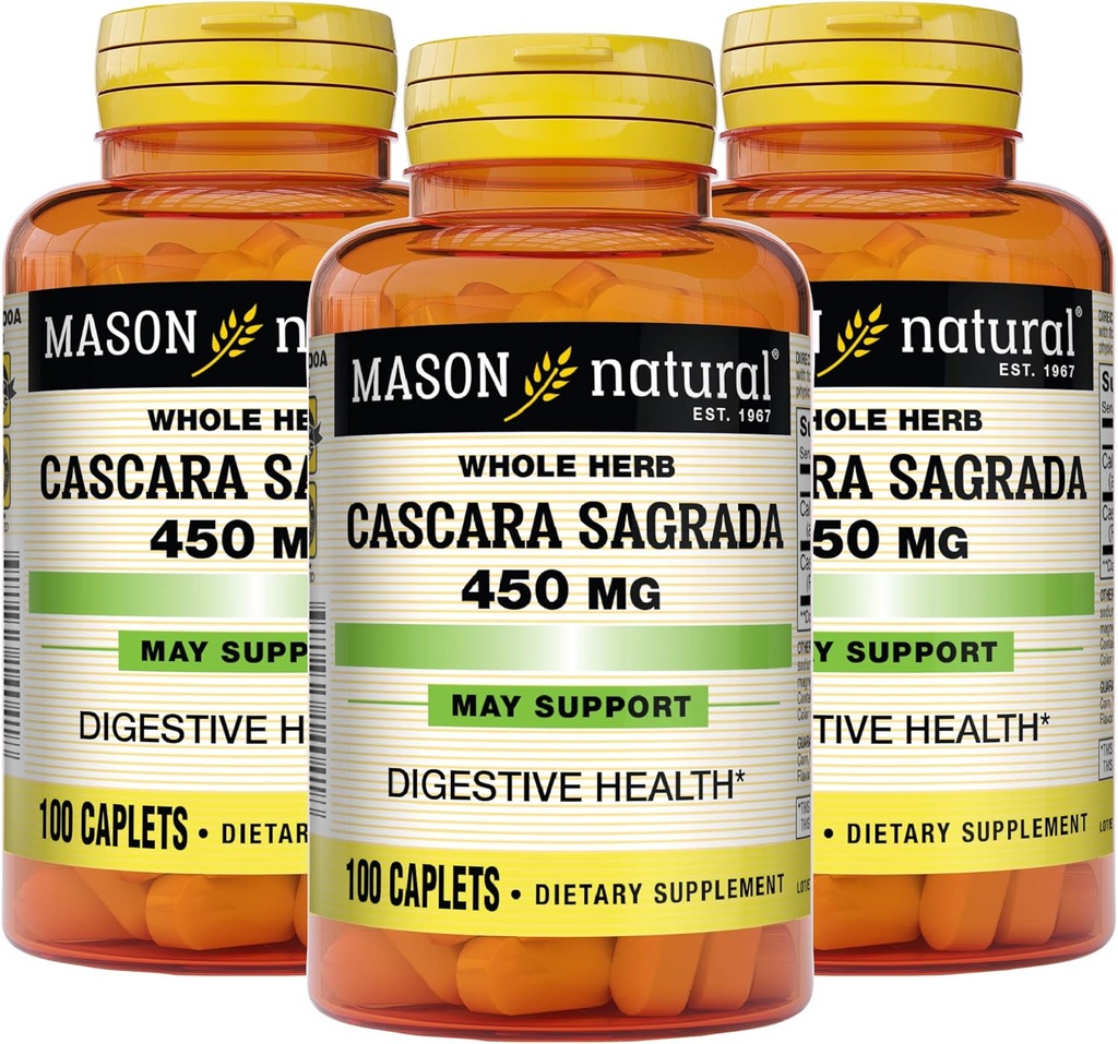 Mason Natural Cascara Sagrada 450 mg, Herbal Supplement for Normal Digestive Function Support, 100 Caplets (Pachet de 3)